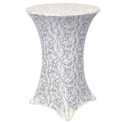 30 inch Highboy Cocktail Round Stretch Spandex Table Cover White With Gold Marbling