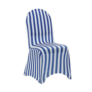 white and royal blue striped chair covers