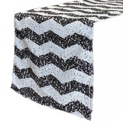 14 x 108 inch Chevron Sequin Table Runner White and Black - Bridal Tablecloth