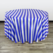 120 inch Satin Round Tablecloth Royal Blue and White Striped - Bridal Tablecloth