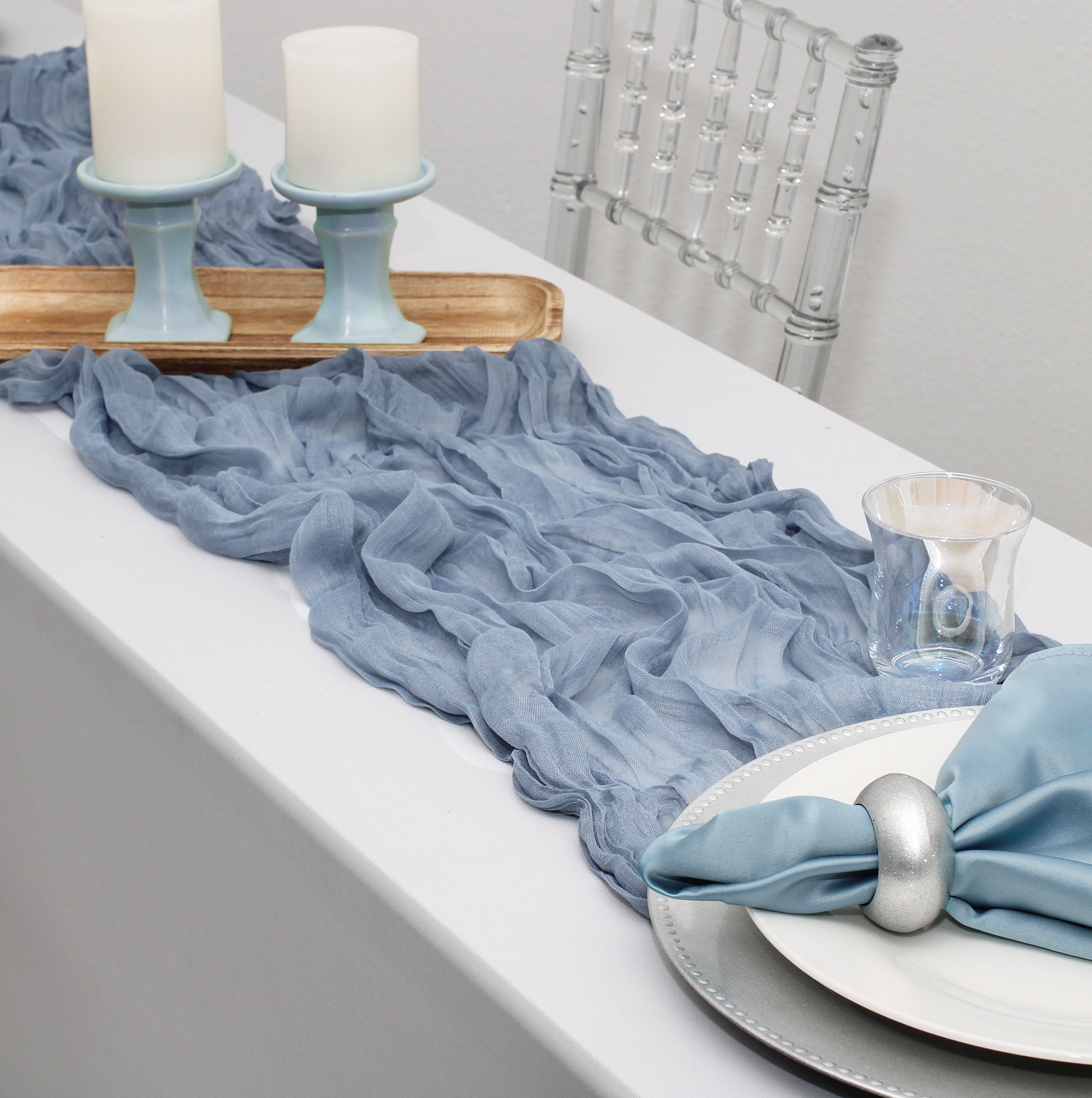 35 in. X 10 ft. Gauze Cheesecloth Table Runner Dusty Blue 35 in. X 10 ft. Gauze Cheesecloth Table Runner Dusty Blue