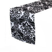 12 x 108 in Flocking Damask Table Runner Black and White - Bridal Tablecloth