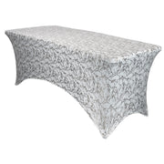  Stretch Spandex 6 ft Rectangular Table Cover White With Silver Marbling