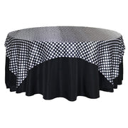 90 inch Square Satin Table Overlay Black and White Polka Dots