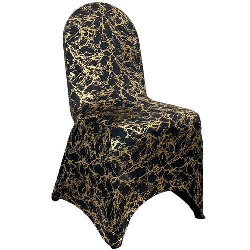 Stretch Spandex Banquet Chair Cover Black With Gold Marbling