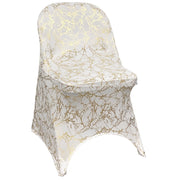 Stretch Spandex Folding Chair Cover White With Gold Marbling - Bridal Tablecloth